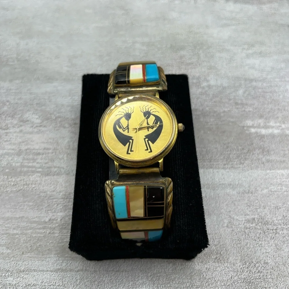 Watch Tip Albert Yazzie Gold Watch 925 Colorful Turquoise Onyx MOP Coral VTG